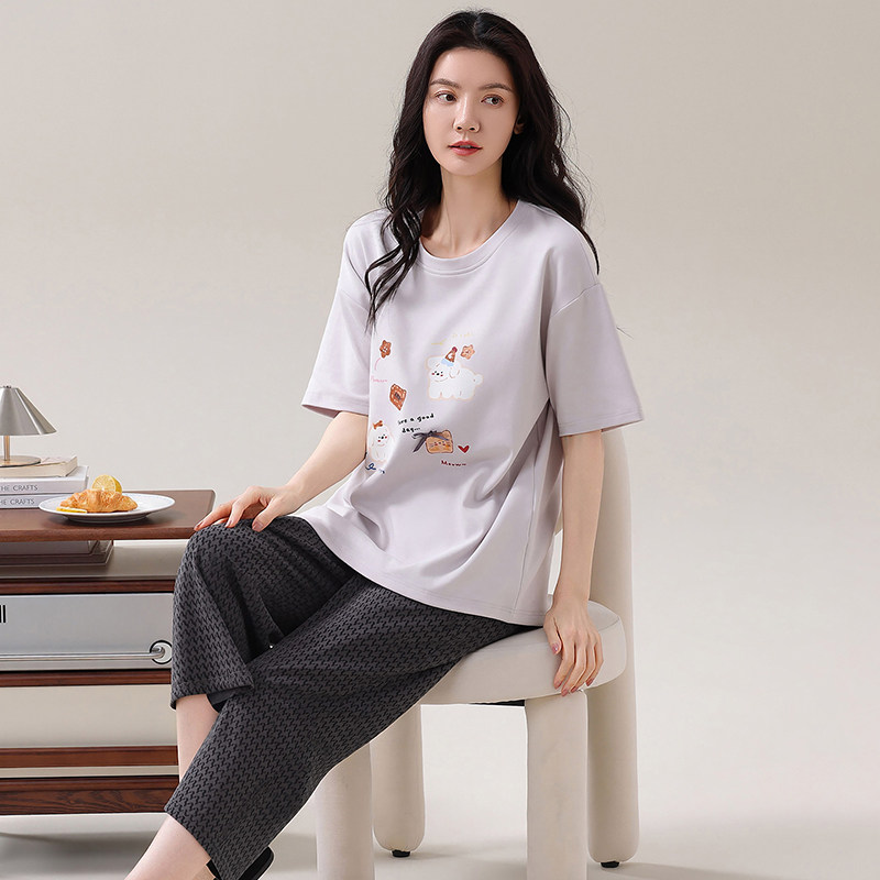 睡衣女款夏季纯棉短袖七分裤中年人妈妈休闲甜美可外穿中裤家居服