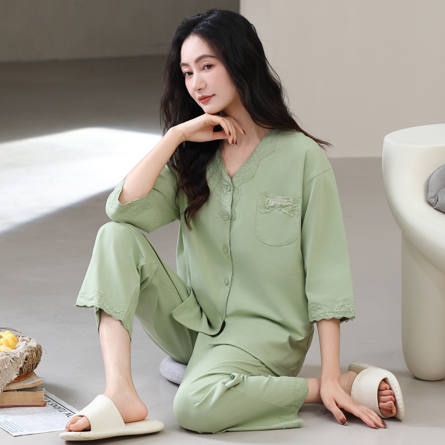 睡衣女春秋季七分袖纯棉休闲薄款全棉中老年妈妈大码九分裤家居服,女士内衣/男士内衣/家居服,睡衣/家居服套装,淘宝优惠券,粉丝福利购,淘宝优惠卷