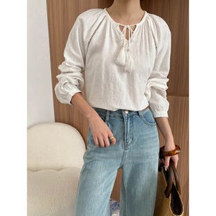 春秋新款南法假日风流苏小V领提花镂空花边衬衫