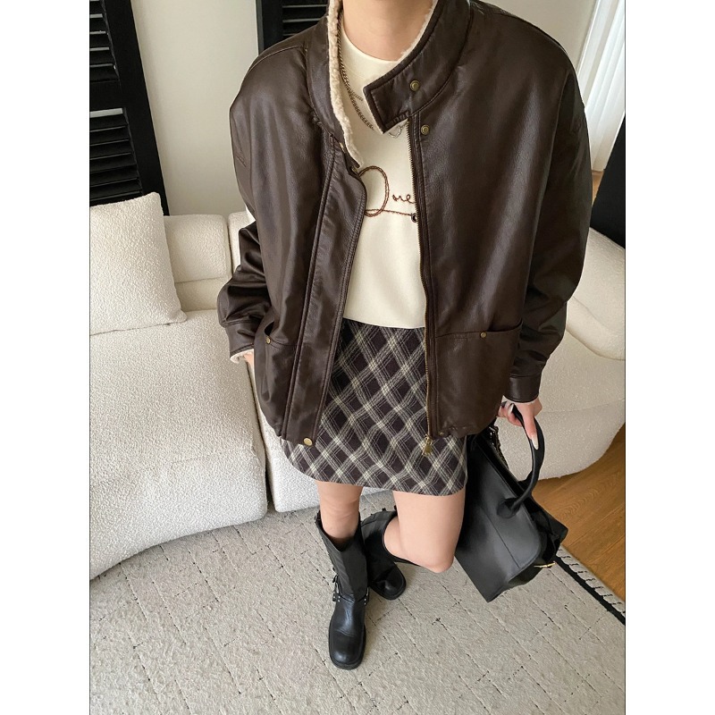 摩登街区美式机车风立领休闲夹克加绒加厚皮衣外套