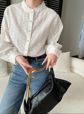 司南 早春新款 温柔风重工刺绣蕾丝花边立领气质衬衫全棉 SN8582