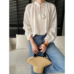 法式温柔风100苎麻流苏系带V领宽松镂空长袖衬衫
