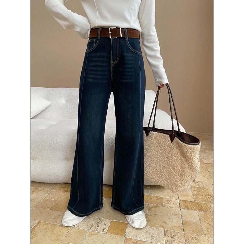 复古博主感巨显瘦侧缝线条分割高腰直筒加绒牛仔裤