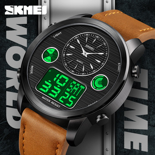 时刻美时尚 大表盘多功能腕表男学生双机芯双显示皮带 男士