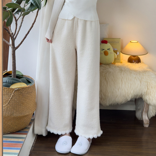 冬季加厚米白软绵绵睡裤女可爱软糯米粒绒毛球花边可外穿家居长裤
