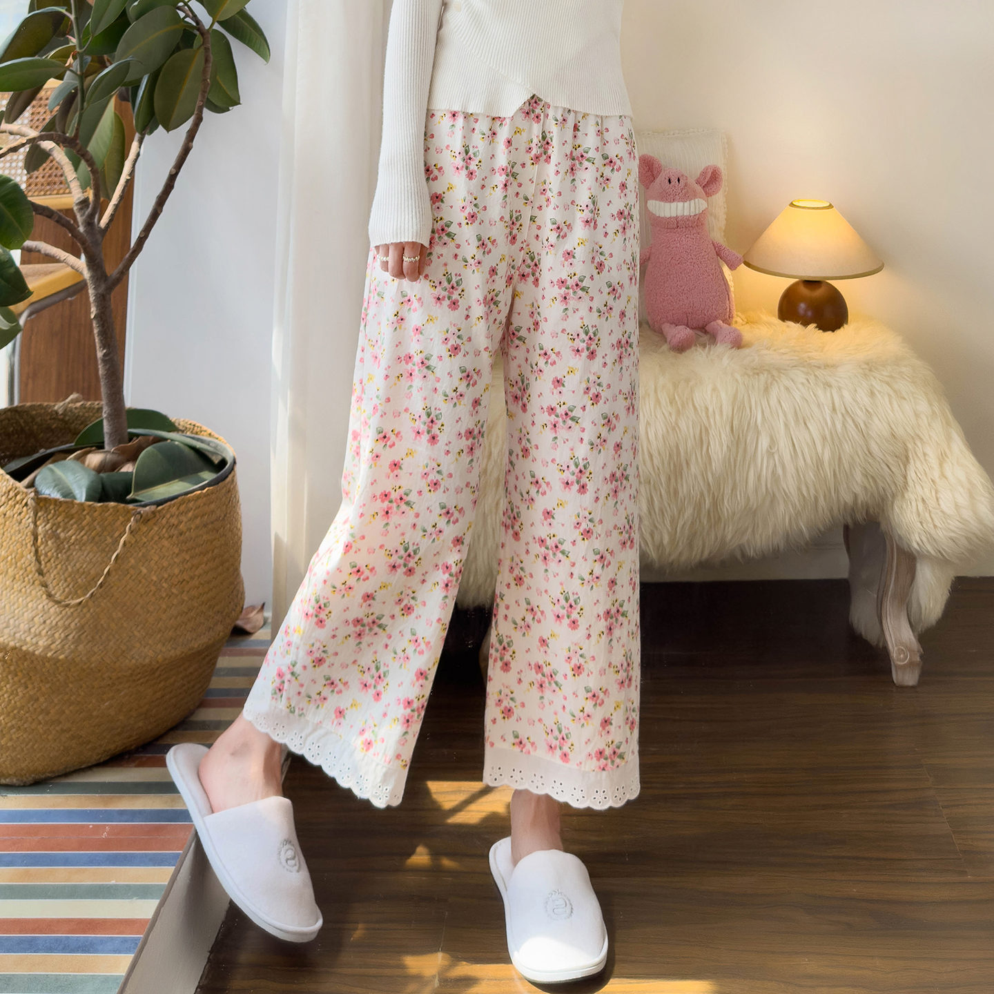 水洗棉印花阔腿裤睡裤女