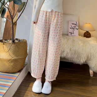 春秋纯棉纱布花苞长裤睡裤女碎花收口宽松家居裤遛弯裤可外穿夏