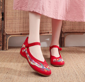 坡跟红色广场舞女鞋 老北京布鞋 汉服鞋 牛筋底内增高单鞋 绣花鞋 女款