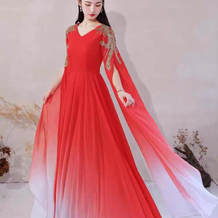 出租新款演出服合唱服女中国红长款舞台独唱表演气质修身礼服古筝