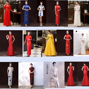 出租长款礼仪带袖长款短款旗袍迎宾红白蓝黄礼服绣花大合唱演出服
