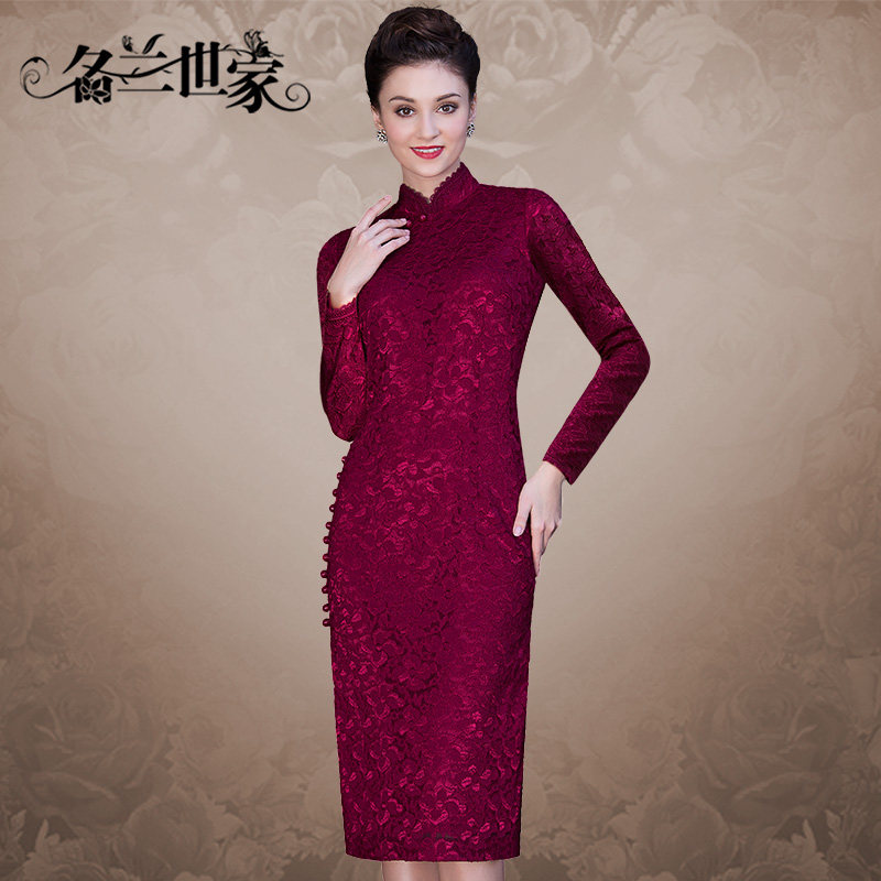 名兰世家原创开叉蕾丝旗袍长款优雅修身妈妈婚礼红色减龄洋气礼裙