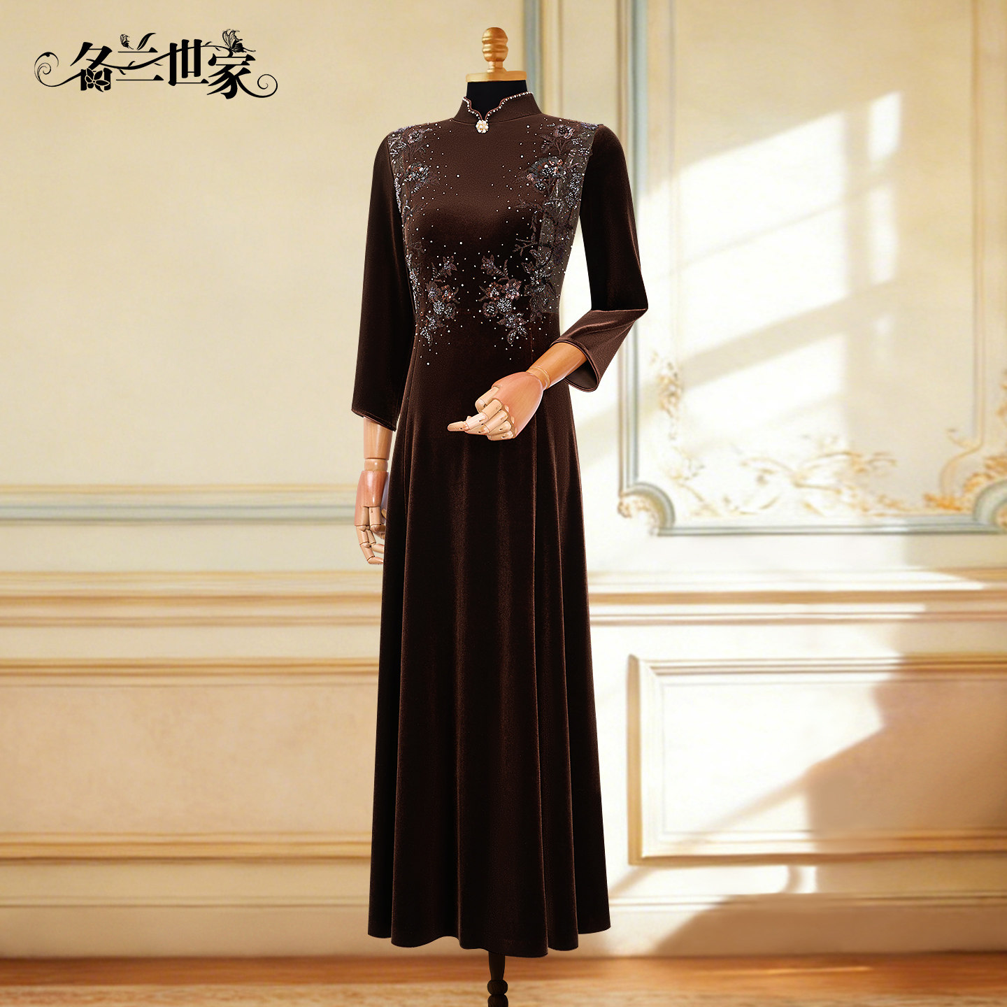 名兰世家日常可穿丝绒绣花礼服裙图片