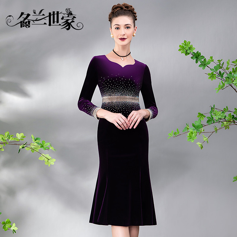 名兰世家妈妈丝绒连衣裙日常可穿喜婆婆结婚婚宴婚礼礼服高贵显瘦