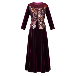 名兰世家丝绒圆领新款长袖烫金绣花假两件高端礼服妈妈连衣裙