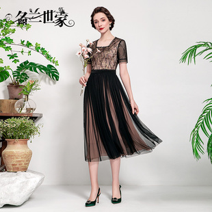 復古方領中年媽媽連衣裙中長手工洋氣減齡 名蘭世家原創設計夏新款