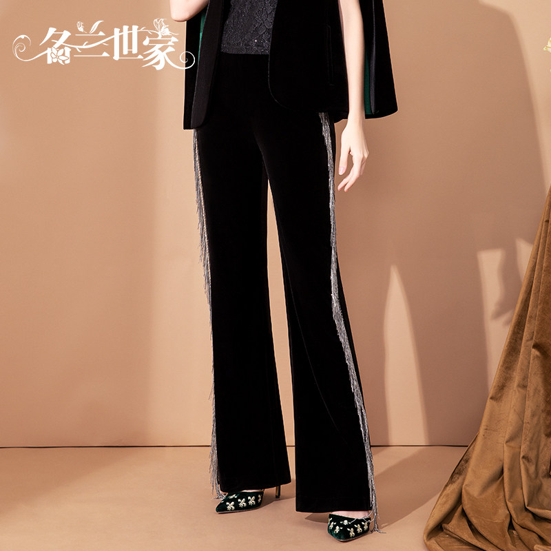 名兰世家春款新品 复古丝绒微喇叭阔腿裤 时尚流苏钉珠长裤显瘦在类目 女装/女士精品, 裤子, 休闲裤中 - 来自Buy2taobao.com提供专业的淘宝代购服务