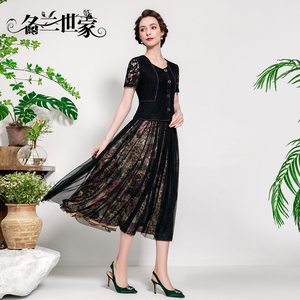 名兰世家假两件蕾丝连衣裙网纱拼接夏新款妈妈中长裙气质原创手工