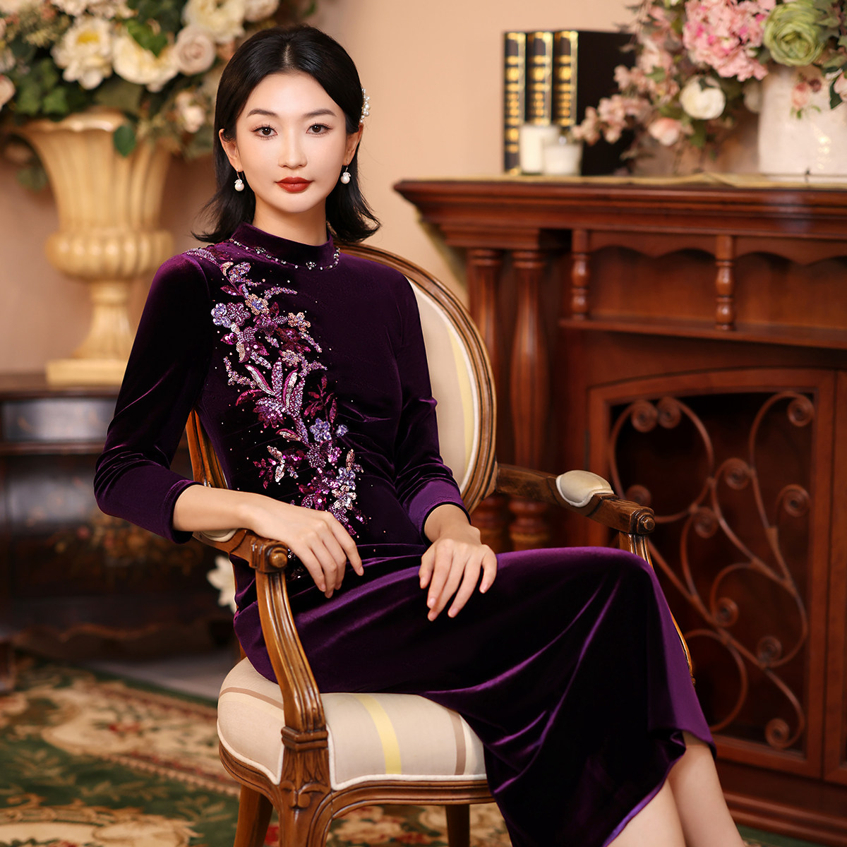 名兰世家喜婆婆婚礼服妈妈婚宴装高贵年轻七分袖丝绒结婚旗袍女