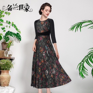 名兰世家原创设计师品牌宴会礼服裙丝绒圆领中长款 显瘦印花连衣裙