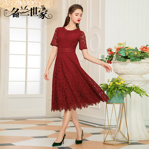 名兰世家原创春秋新款高端大牌蕾丝连衣裙时尚显瘦气质红色中长裙