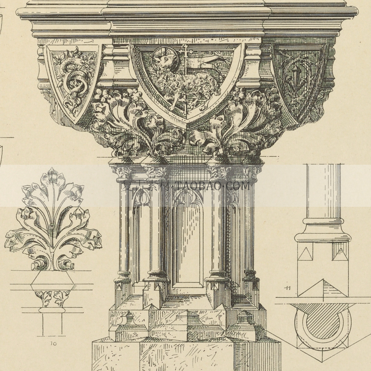 复古欧美哥特式罗马式风格宗教教堂建筑花纹浮雕装饰版画设计素材