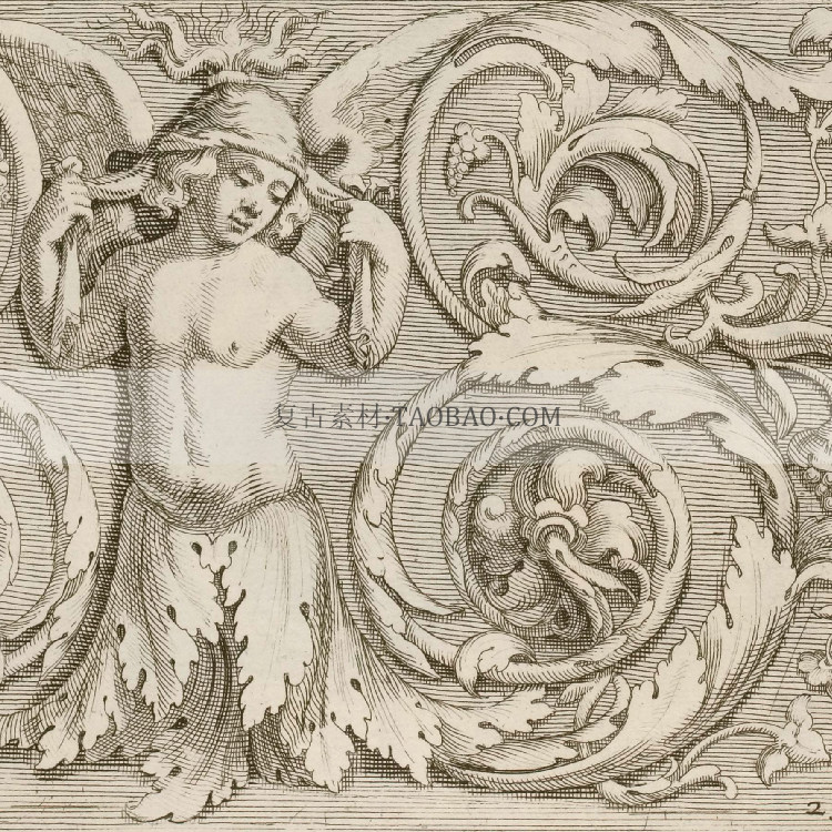 古罗马意大利建筑装饰花纹纹饰卷草浮雕元素线稿图案高清设计素材