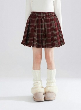 女童半身百褶裙秋冬季儿童JK裙子双旦女中大童红色格子短裙演出服