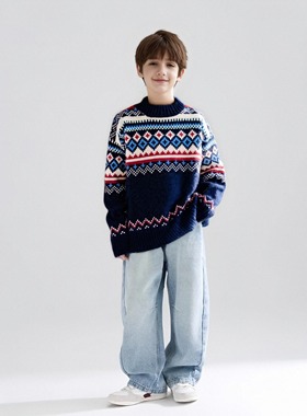 新款男童秋冬毛衣复古宽松费尔岛线衣儿童套头圆领加绒加厚针织衫