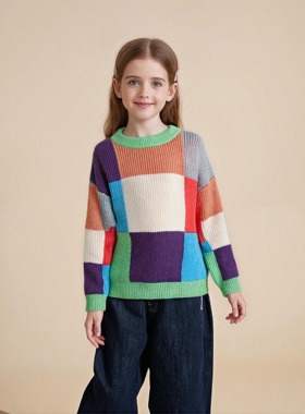 女童毛衣春秋款上衣新款宽松圆领上衣儿童可爱针织衫网红冬季衣服