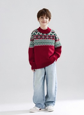 秋冬季新款男童提花宽松复古风上衣圆领时尚撞色套头针织内搭毛衣