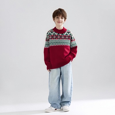 秋冬季新款男童提花宽松复古风上衣圆领时尚撞色套头针织内搭毛衣