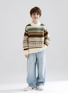 迷彩新款儿童复古色圆领毛衣男童冬季加厚套头内搭潮中大童装上衣