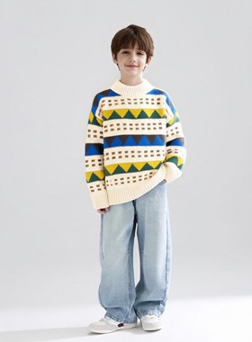 男孩几何图案针织衫冬季儿童洋气菱形秋冬毛衣中大童套头加厚宝宝