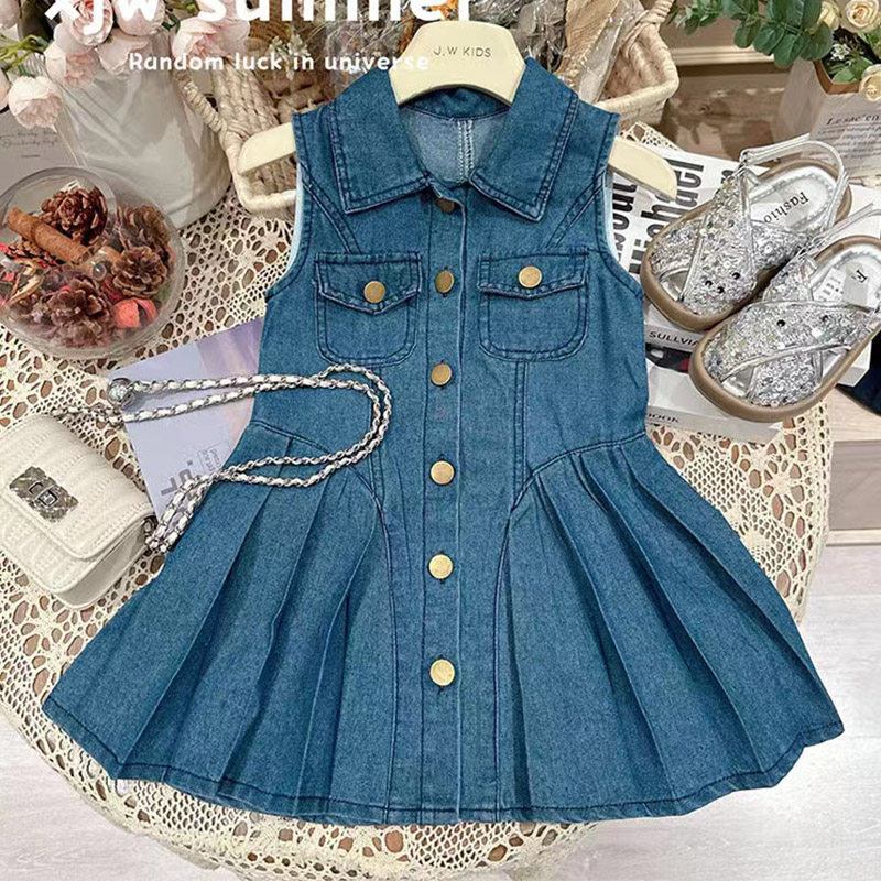 小女孩儿童宝宝时尚辣妹百褶裙摆薄款软牛仔无袖背心衬衫连衣裙子,童装/婴儿装/亲子装,儿童牛仔裙,淘宝优惠券,粉丝福利购,淘宝优惠卷