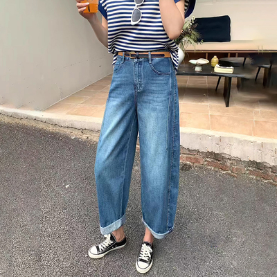 韩尚裤业2025夏季薄款浅蓝色香蕉裤女宽松男友风今年流行的镰刀裤
