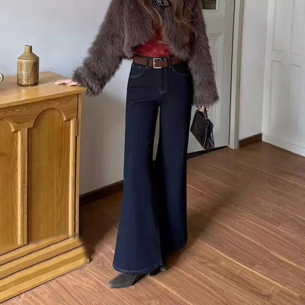 韩尚裤业2025冬季新款加绒加厚不贴腿微喇牛仔裤女高腰弹力喇叭裤