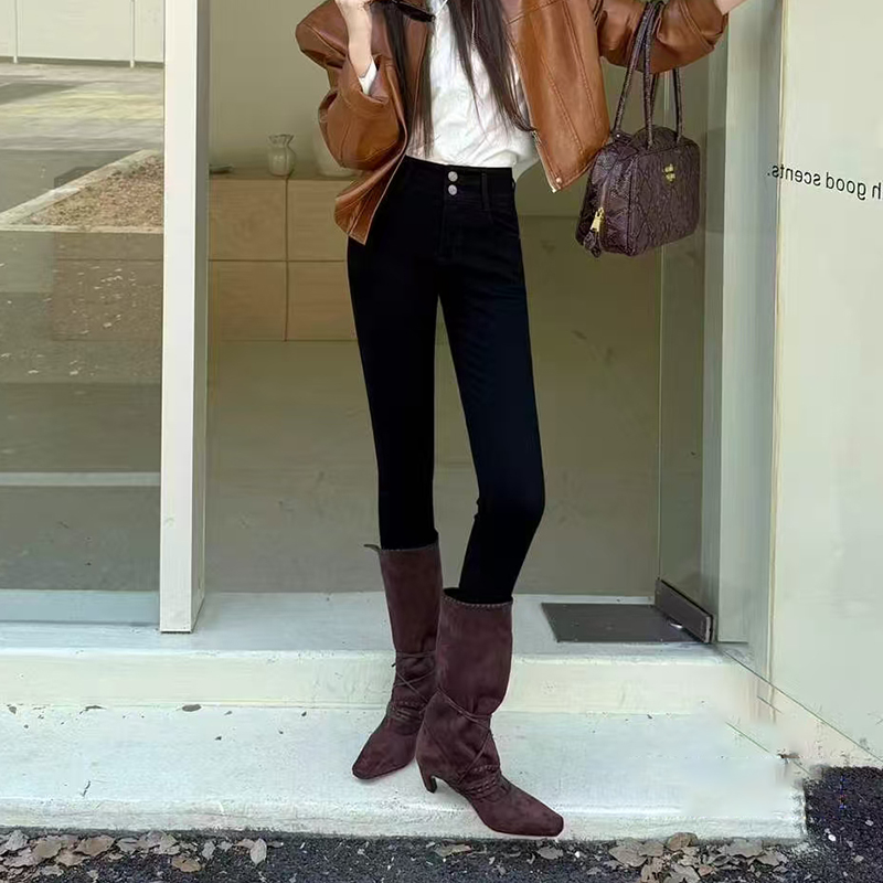 小黑牛铅笔裤！2025秋冬加绒薄绒植绒高弹紧身小脚裤女牛仔裤黑色