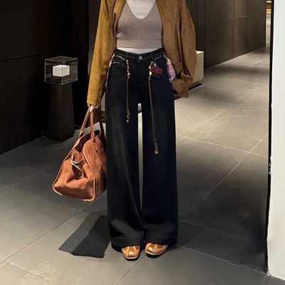 爆犀牛~加绒阔腿牛仔裤黑色直筒