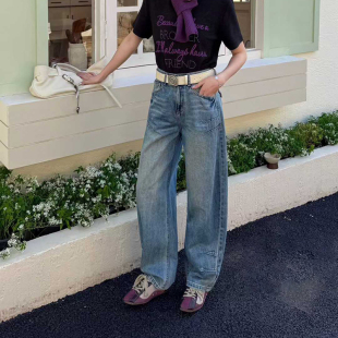 女高腰宽松香蕉阔腿长裤 2026春季 弯刀牛仔裤 今年流行 新款