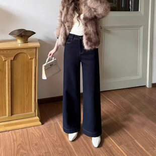 女宽松高腰筒喇裤 韩尚裤 防褪色加绒加厚直筒牛仔裤 新款 业2025冬季