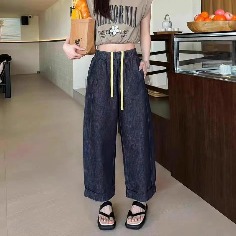 韓尚褲業(yè)2025夏季薄款抗皺天絲牛仔褲女九分寬松闊腿丹寧色直筒褲