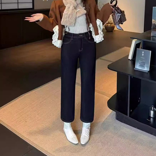 女小个子烟管法棍裤 韩尚裤 加绒加厚九分直筒牛仔裤 新款 业2025冬季