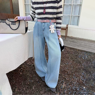 业2025冬季 女直筒裤 新款 加绒阔腿牛仔裤 欧货浅色今年流行 韩尚裤