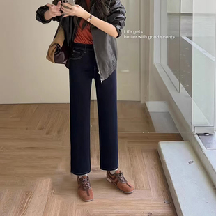 女高腰四面弹加绒烟管法棍裤 九分直筒牛仔裤 业2025秋冬新款 韩尚裤