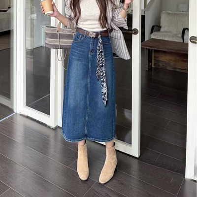 |韩尚|2025秋季新款高腰宽松后开叉半身裙女中长款过膝显瘦牛仔裙