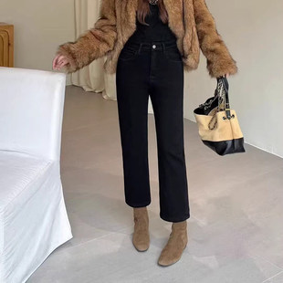 阿里莎莎2025冬新款加绒加厚弹力黑色九分烟管牛仔裤女高腰直筒裤