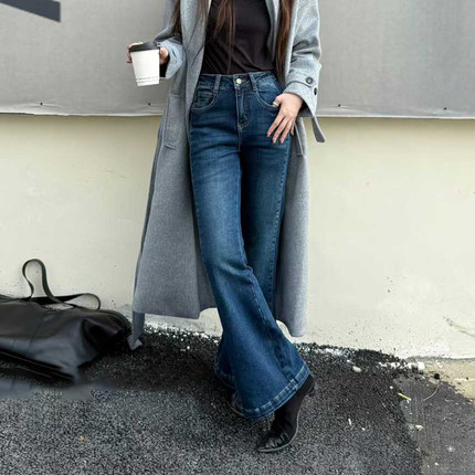 植绒四面弹！2025加绒薄绒蓝色牛仔裤女微喇裤长裤高腰显瘦喇叭裤