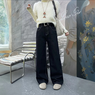 直筒高腰阔腿裤 黑金色植绒款 女窄版 加绒薄绒牛仔裤 2025秋冬新款