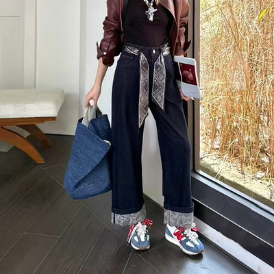 春秋印花卷边直筒牛仔裤窄版阔腿