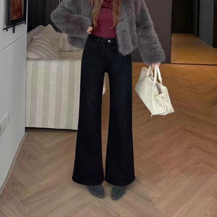 女高腰弹力显瘦喇叭裤 加绒加厚黑色微喇牛仔裤 业2025冬新款 韩尚裤